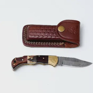 Pocket Knife Walnut Wood & Stag 6.5'' Damascus Steel