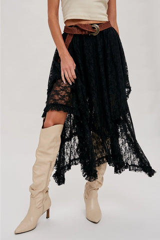 Lace Tier Midi Skirt - Black