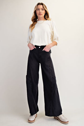Washed Denim Straight Pants - Black