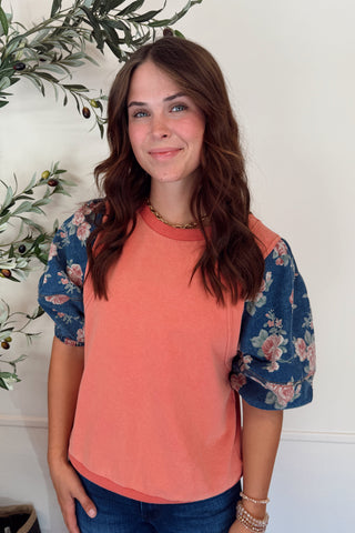 Flower Denim SLVS Mineral Washed Terry Knit Pullover Top - Boho Red