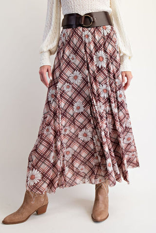 Printed Nylon Mesh Swing Maxi Skirt - Brown Combo