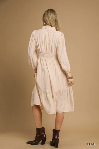 Jacquard Midi Dress with Smocked Waist - Ecru