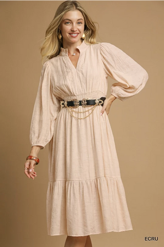 Jacquard Midi Dress with Smocked Waist - Ecru