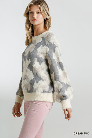 Cream Mix Camo Fuzzy Knit Sweater