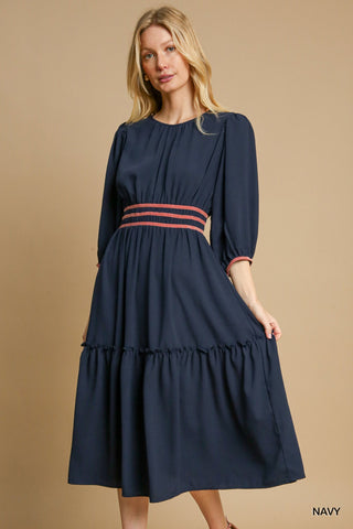 Navy Round Neck Midi Dress with Waist Detail