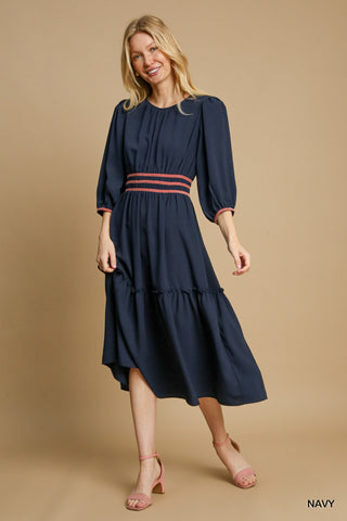 Navy Round Neck Midi Dress with Waist Detail