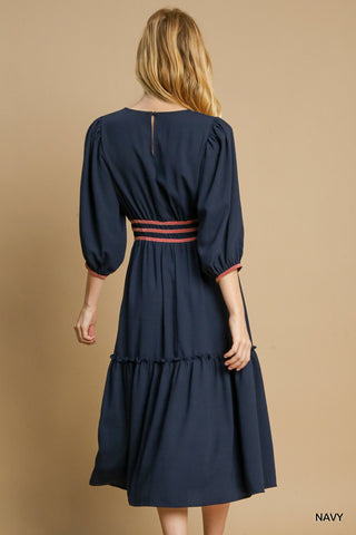 Navy Round Neck Midi Dress with Waist Detail