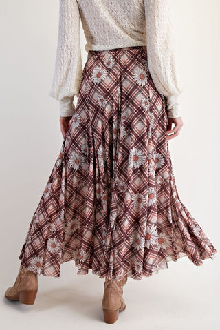 Printed Nylon Mesh Swing Maxi Skirt - Brown Combo