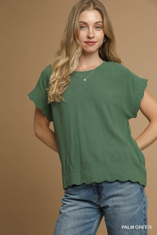 Scallop Hem Linen Blend Top - Palm Green