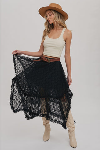 Lace Tier Midi Skirt - Black