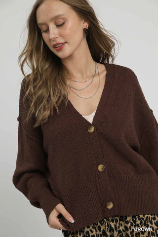 Button Front Cozy Knit Cardigan - Brown