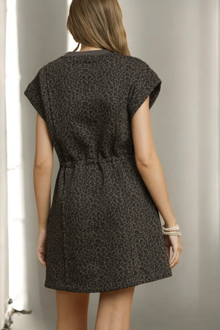 Drawstring Waist Knit Dress - Brown Leopard