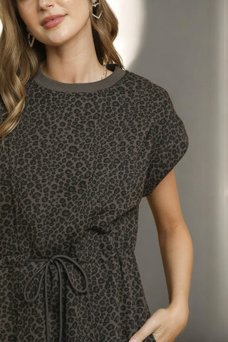 Drawstring Waist Knit Dress - Brown Leopard