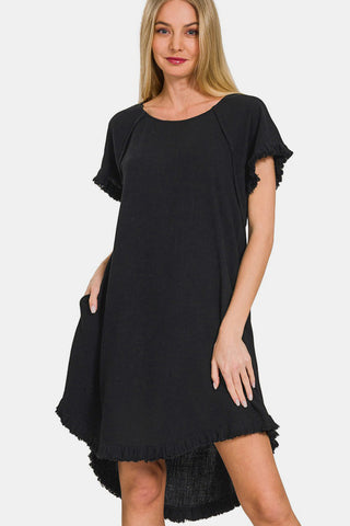 Fringe Edge High Low Dress with Pockets - Black