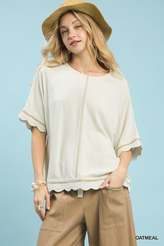 Linen Blend Scallop Trim Top