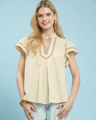 Embroidered Flutter Sleeve Blouse - Cream