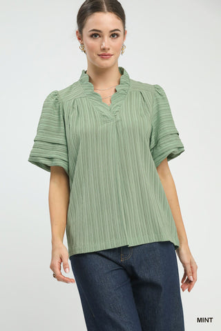 Seersucker Bubble Sleeve V-Neck Blouse - Sage