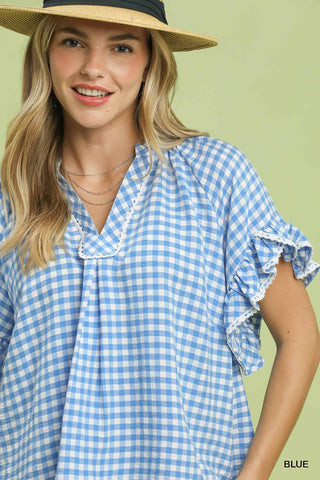 Blue Gingham Ruffle Top