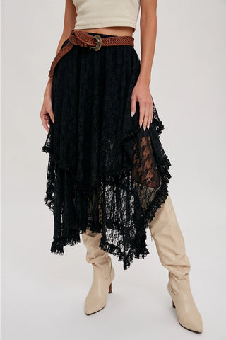 Lace Tier Midi Skirt - Black