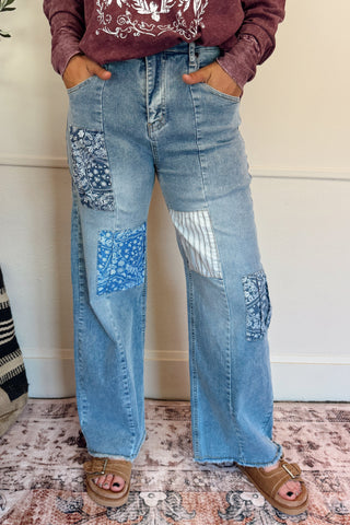Patchwork Detailing Stretch Washed Denim Pants