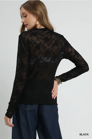 Lace Sheer Long Sleeve Top - Black