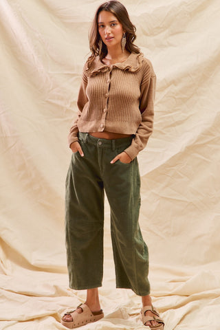 Mid Rise Corduroy Barrel Pants - Olive