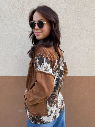 Stone Washed Denim Jacquard Panel Midi Jacket