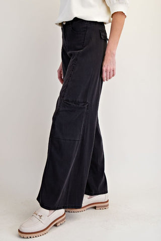 Washed Denim Straight Pants - Black
