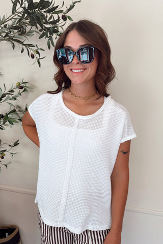 Waffle Knit Boatneck Batwing High Low Tee - Off White