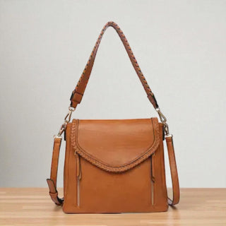 Lorelei Double Zip Whipstitch Trim Crossbody - Lt. Brown