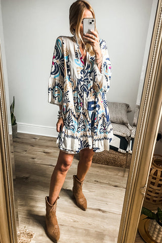 White Printed Bracelet Sleeve Buttoned Mini Dress.