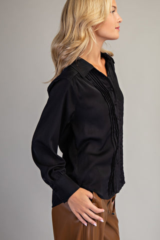 Long Sleeve Button Down with Accordion Pleats - Black