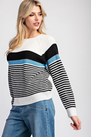 Striped Round Neck Sweater - Black Ice