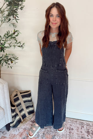 Mineral Washed Wide Leg Jumpsuit - Washed Black