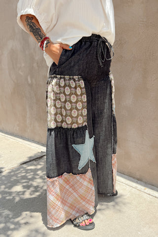Black Denim Patchwork Palazzo Pants