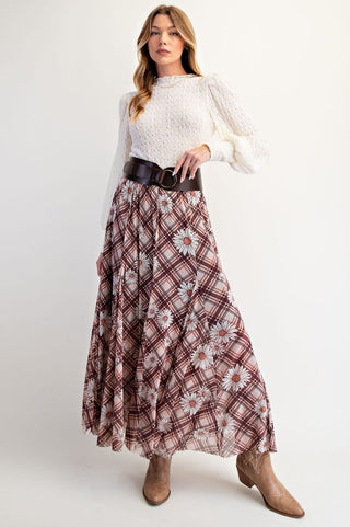 Printed Nylon Mesh Swing Maxi Skirt - Brown Combo