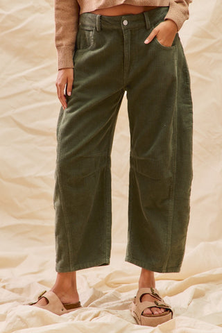 Mid Rise Corduroy Barrel Pants - Olive