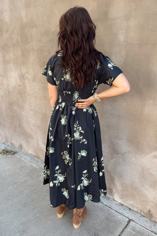 Black Floral Smocked Waist Midi Dress