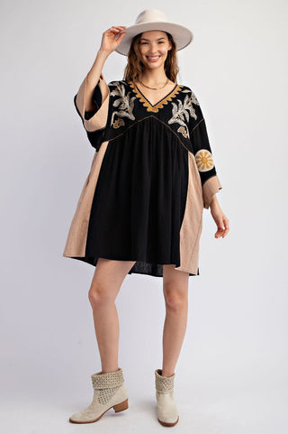 Chic Babydoll Embroidered Tunic Dress - Black