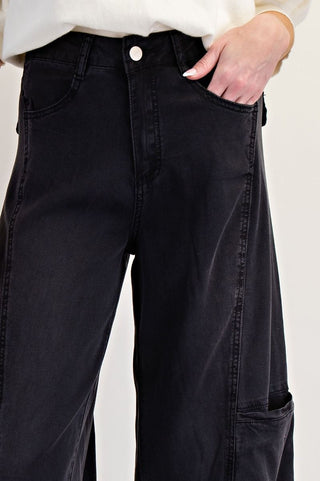 Washed Denim Straight Pants - Black