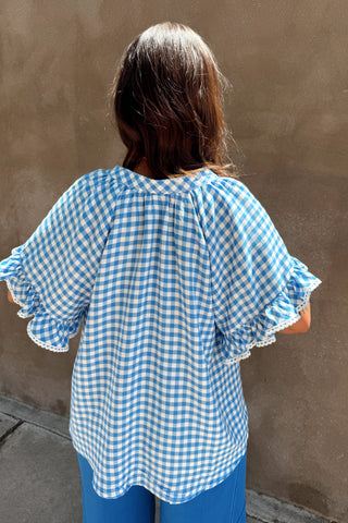 Blue Gingham Ruffle Top