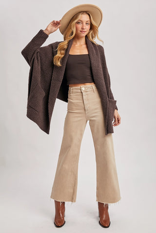 Open Front Boucle Knit Cardigan -Espresso