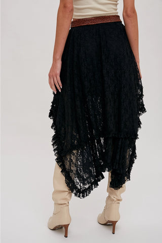 Lace Tier Midi Skirt - Black