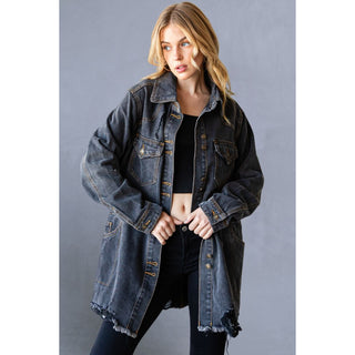 Black Distressed Denim Oversize Jacket