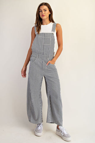 Striped Mineral Wash Barrel Leg Jumpsuit - Navy