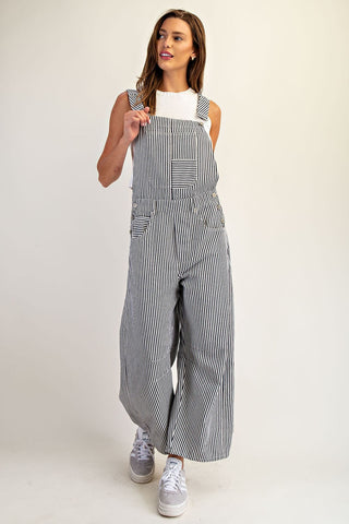 Striped Mineral Wash Barrel Leg Jumpsuit - Navy