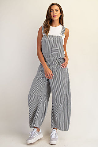 Striped Mineral Wash Barrel Leg Jumpsuit - Navy
