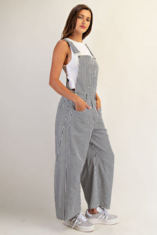 Striped Mineral Wash Barrel Leg Jumpsuit - Navy