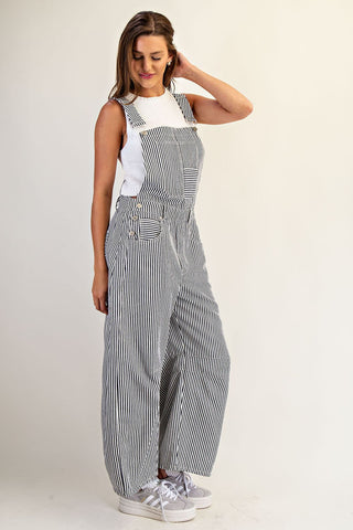 Striped Mineral Wash Barrel Leg Jumpsuit - Navy