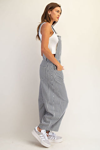 Striped Mineral Wash Barrel Leg Jumpsuit - Navy